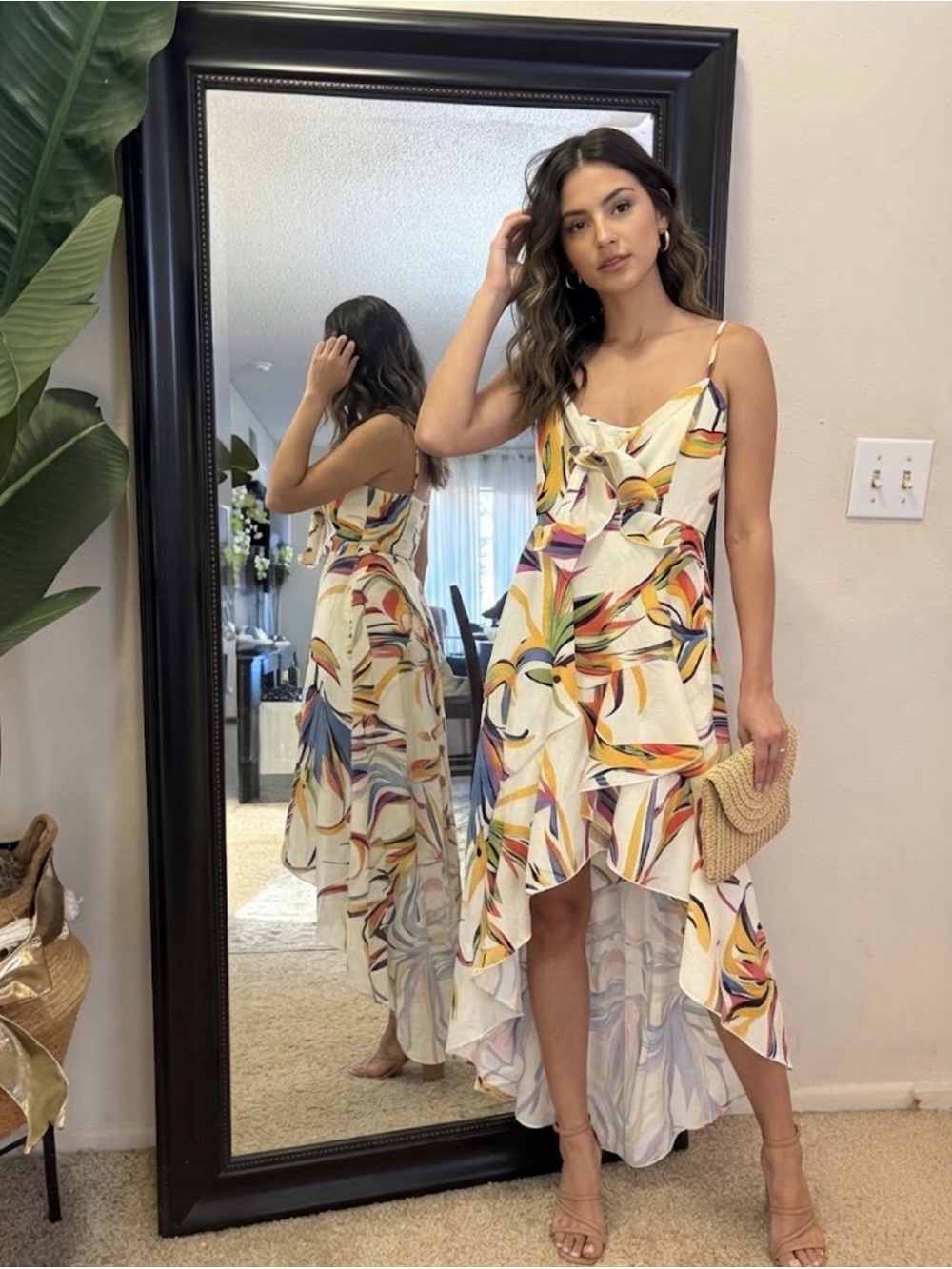 Fashion Nova Cream Multicolor Abstract High-Low Midi Dress